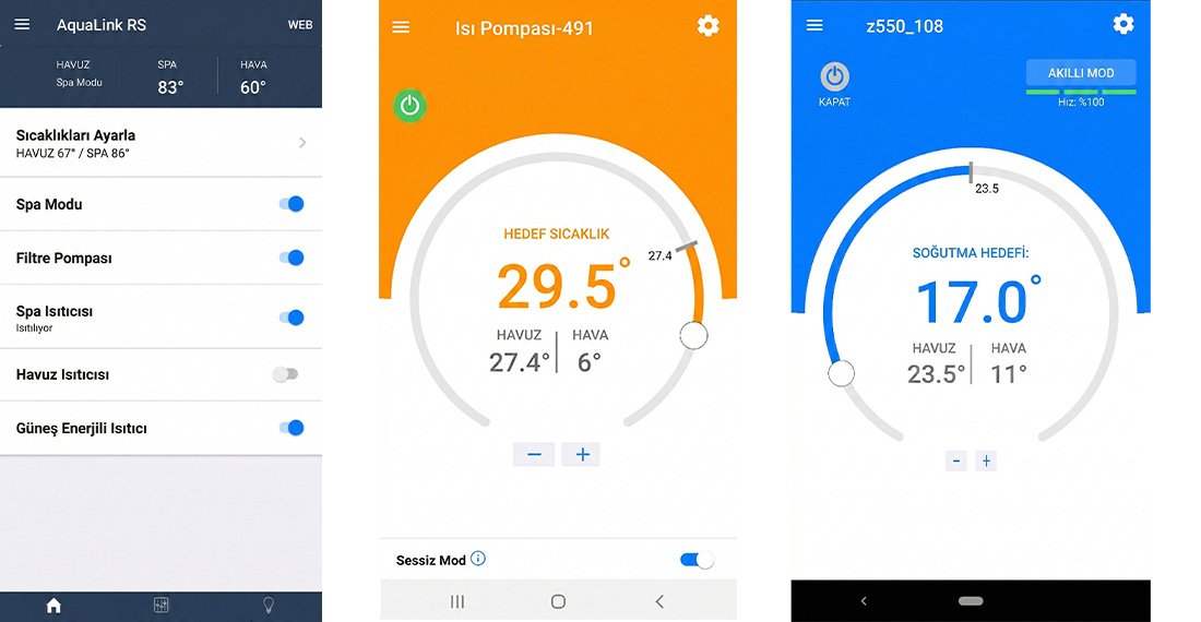Havuz otomasyon ve ısı pompası mobil uygulama kontrol arayüzleri
