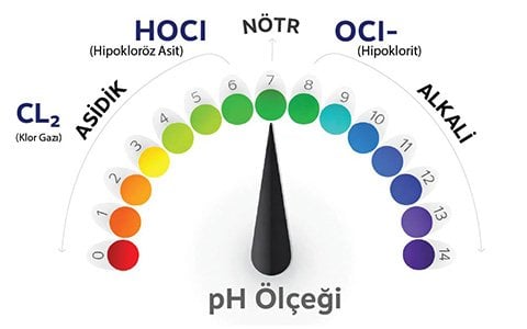 Havuz suyu pH ölçeği ve HOCl/OCl⁻ dengesi – pH yükseldikçe HOCl oranı azalır