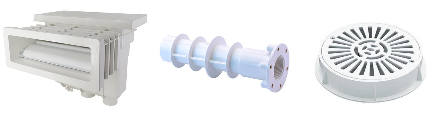 Astral Fluidra gömme parçalar: skimmer, dip emiş ve nozullar ile havuz yüzey emiş ve geri dönüş sirkülasyon düzeni