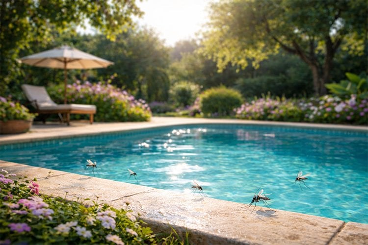 bahce-havuzunda-su-yuzeyine-konan-sivrisinekler-durgun-su-ve-cevre-aydinlatmasinin-etkisi