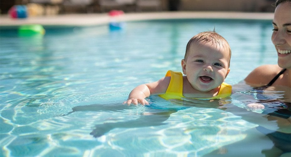 Bebek ile havuzda güvenli yüzme: dengeli havuz suyu ve ebeveyn gözetimi