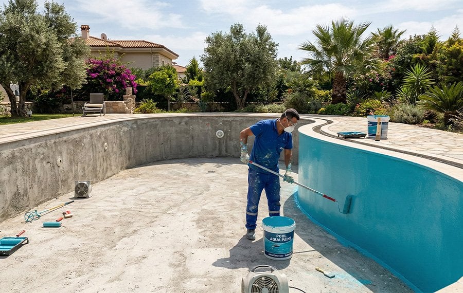 Beton yüzme havuzunda rulo ile havuz boyası uygulaması