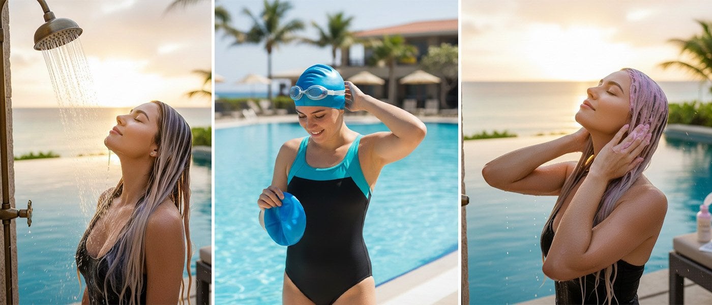 Boyalı saçlarda havuz/deniz sonrası saç bakımı: ön durulama, bone ve nemlendirici maske uygulaması