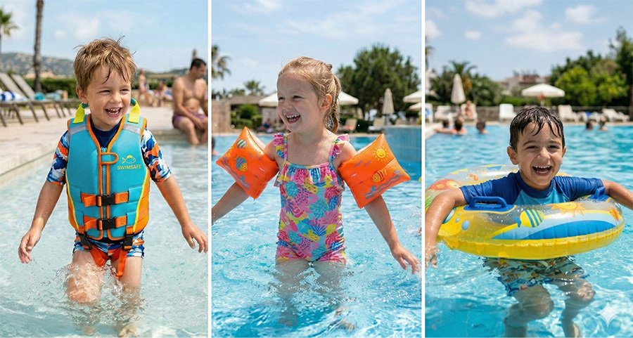 Çocuklar için can yeleği, kolluk ve simit gibi yüzdürme ekipmanları