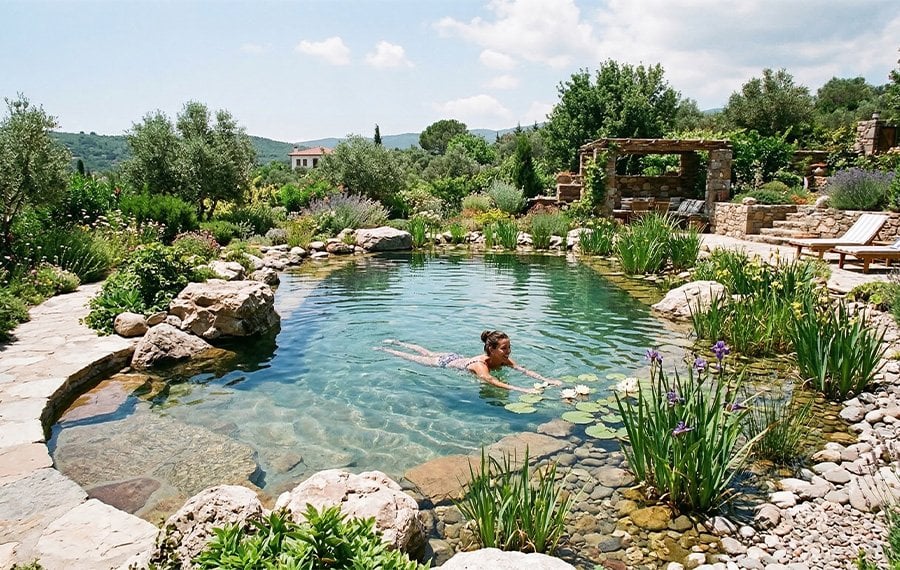 Biyolojik filtrasyon alanına sahip doğal yüzme havuzu örneği