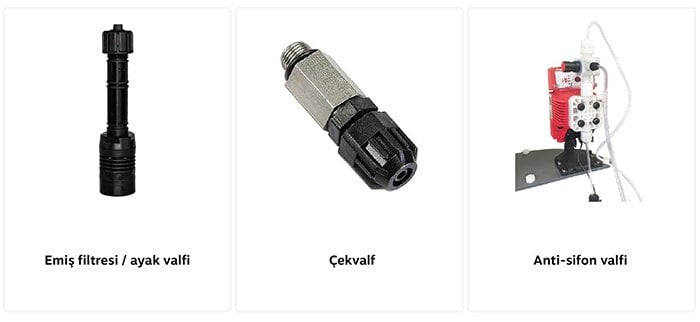 dozaj pompası aksesuarları: emiş filtresi ayak valfi çekvalf anti-sifon ve enjeksiyon seti