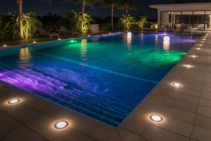 Gece aydınlatılmış havuzda LED su altı ışıklarının oluşturduğu homojen aydınlatma ve ambiyans