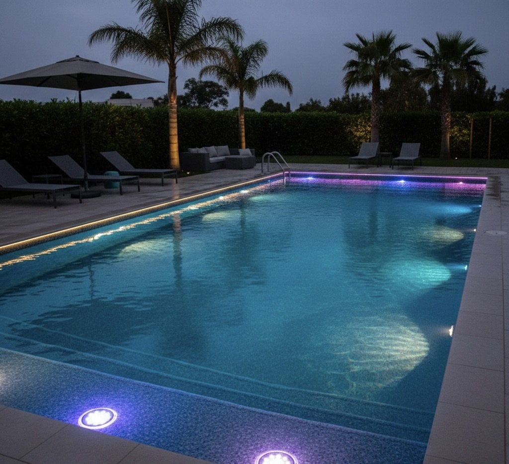 Gece aydınlatmalı yüzme havuzu; LED havuz lambaları ile ambiyans aydınlatma örneği.