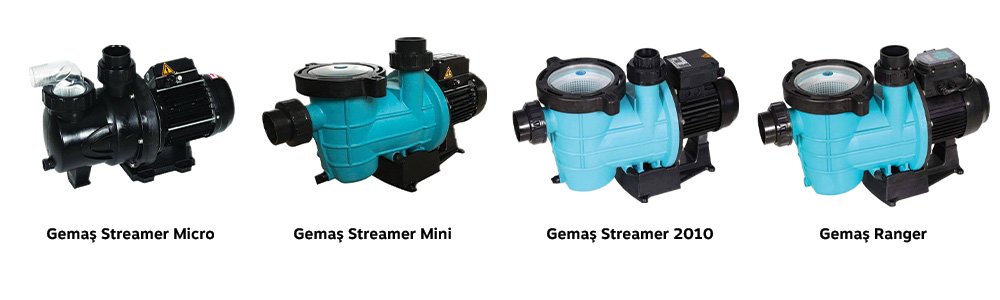 Gemaş havuz pompası modelleri: Streamer Micro, Streamer Mini, Streamer 2010 ve Ranger – seri karşılaştırma görseli