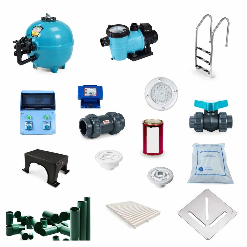 Gemaş hazır havuz yapım seti: filtrasyon, aydınlatma ve tesisat malzemeleri (pompa-filtre-vana-aksesuar)