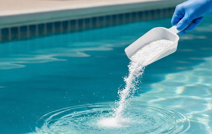 Havuz suyuna granül klor eklenmesi ve havuz dezenfeksiyonu