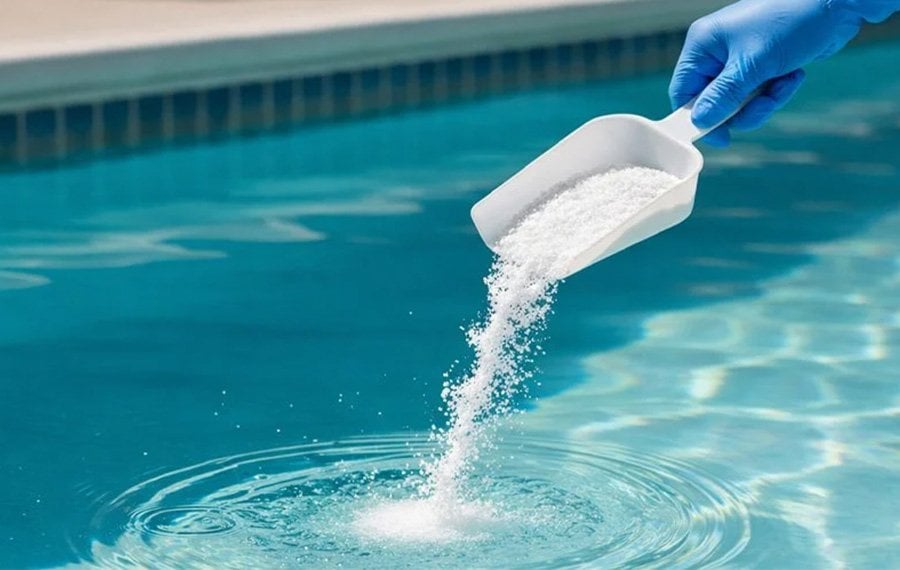 Havuz suyuna granül/toz klor eklenerek yapılan dezenfeksiyon uygulaması