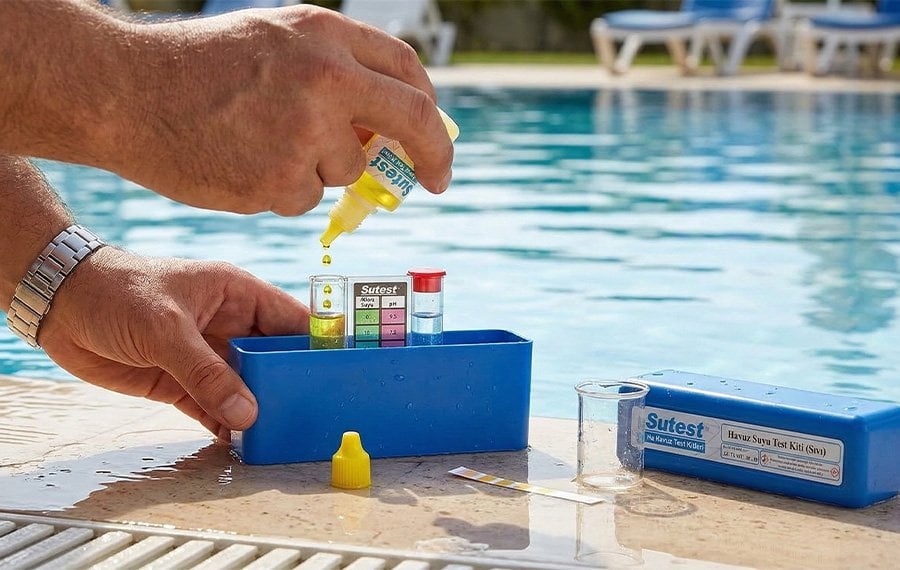 havuz-suyunda-damlali-test-kiti-ile-klor-ve-ph-seviyesi-olcumu