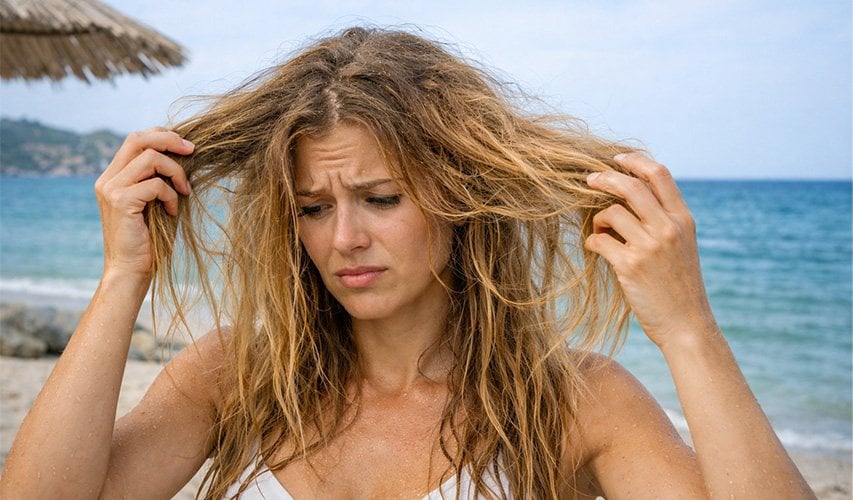 Havuz ve deniz sonrası saçta kuruluk ve matlık: klor ve tuz etkisiyle saç telinin sertleşmesi ve dolaşması