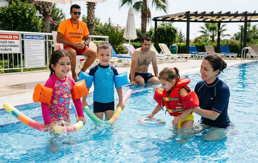 Bir ebeveynin çocuğunu havuz içinde yakından gözetlediği güvenli havuz ortamı