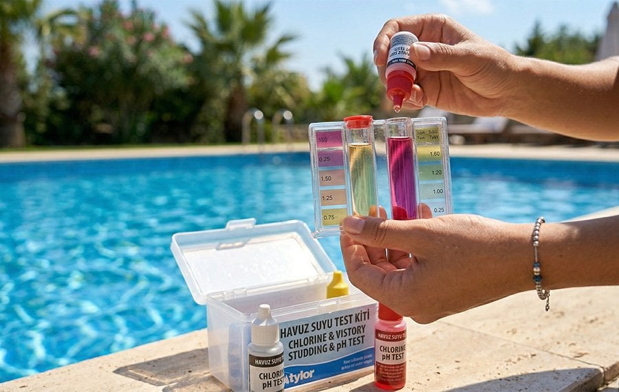 Havuz suyu test kiti ile pH ve klor ölçümü yapılması: köpük oluşumunu önlemek için su analizi