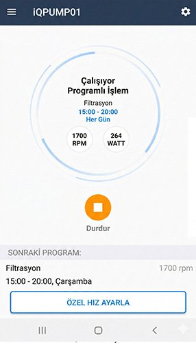 iqpump01 değişken hızlı havuz pompası mobil kontrol arayüzü
