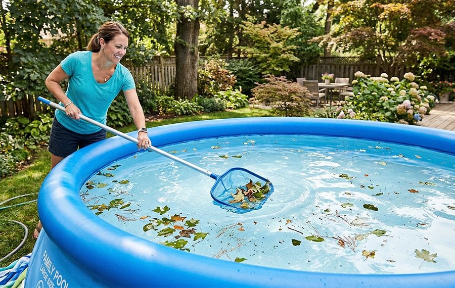 Şişme havuz yüzeyindeki yaprak ve tozun havuz kepçesi ile temizlenmesi