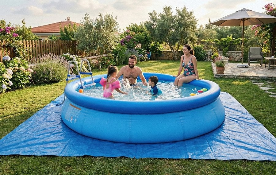 Şişme plastik havuz altında koruyucu zemin örtüsü serilmiş kurulum örneği