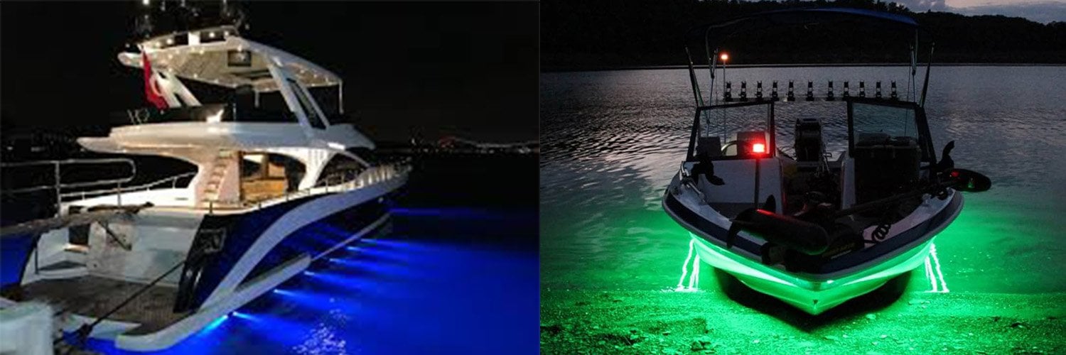 Tekne altı LED renk seçenekleri: mavi, beyaz, yeşil ve RGB; su altında görünürlük ve ambiyans karşılaştırması.