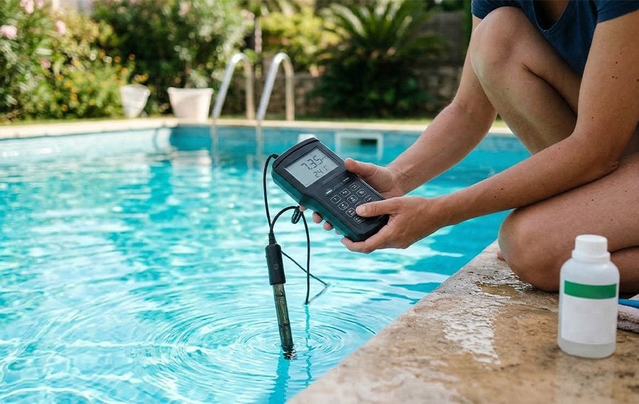 Yüzme havuzunda dijital su analiz cihazı ile pH ve su kalitesi ölçümü yapan kişi