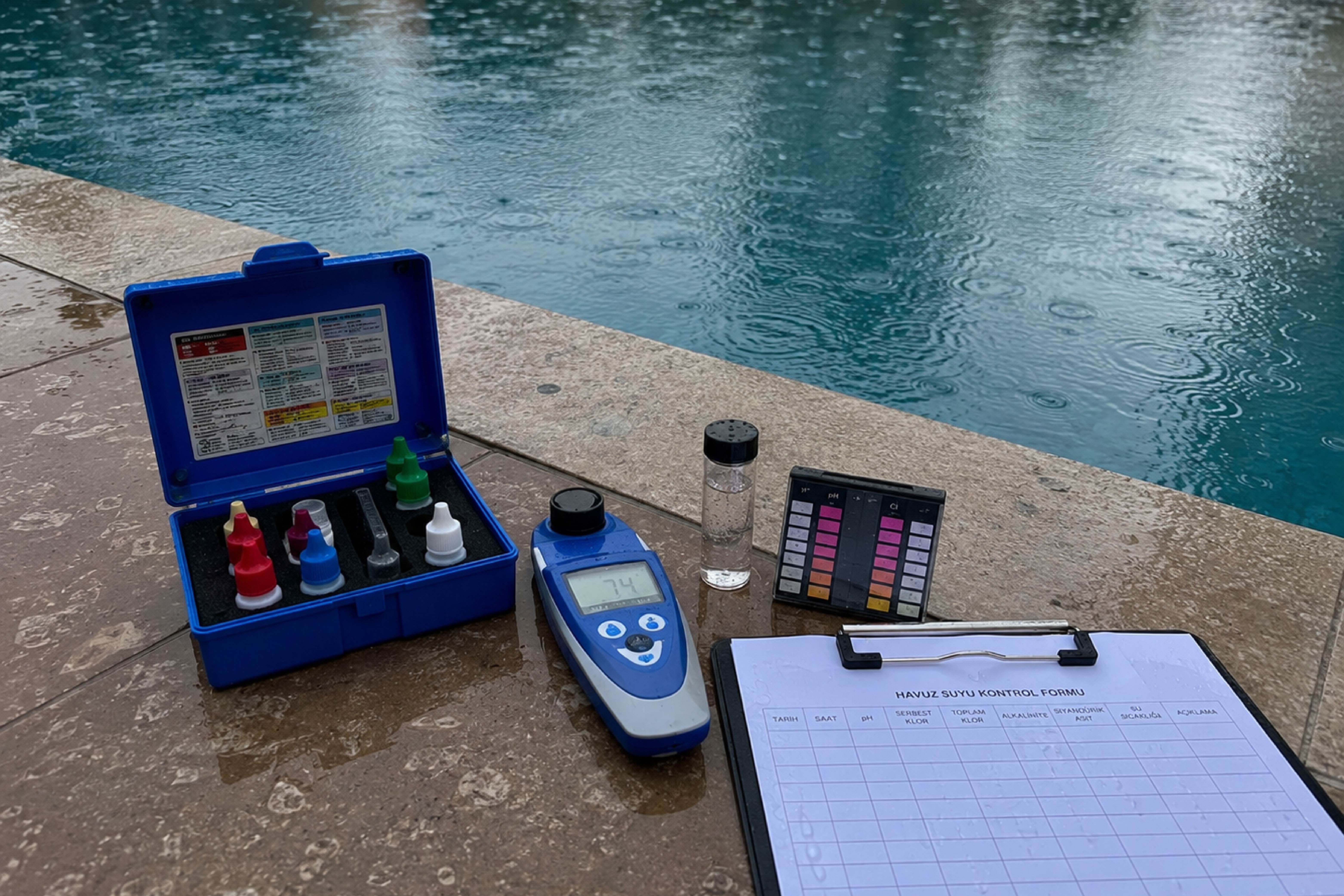 Yağmur sonrasında havuz yüzeyi, test ekipmanları ve günlük kontrol formu