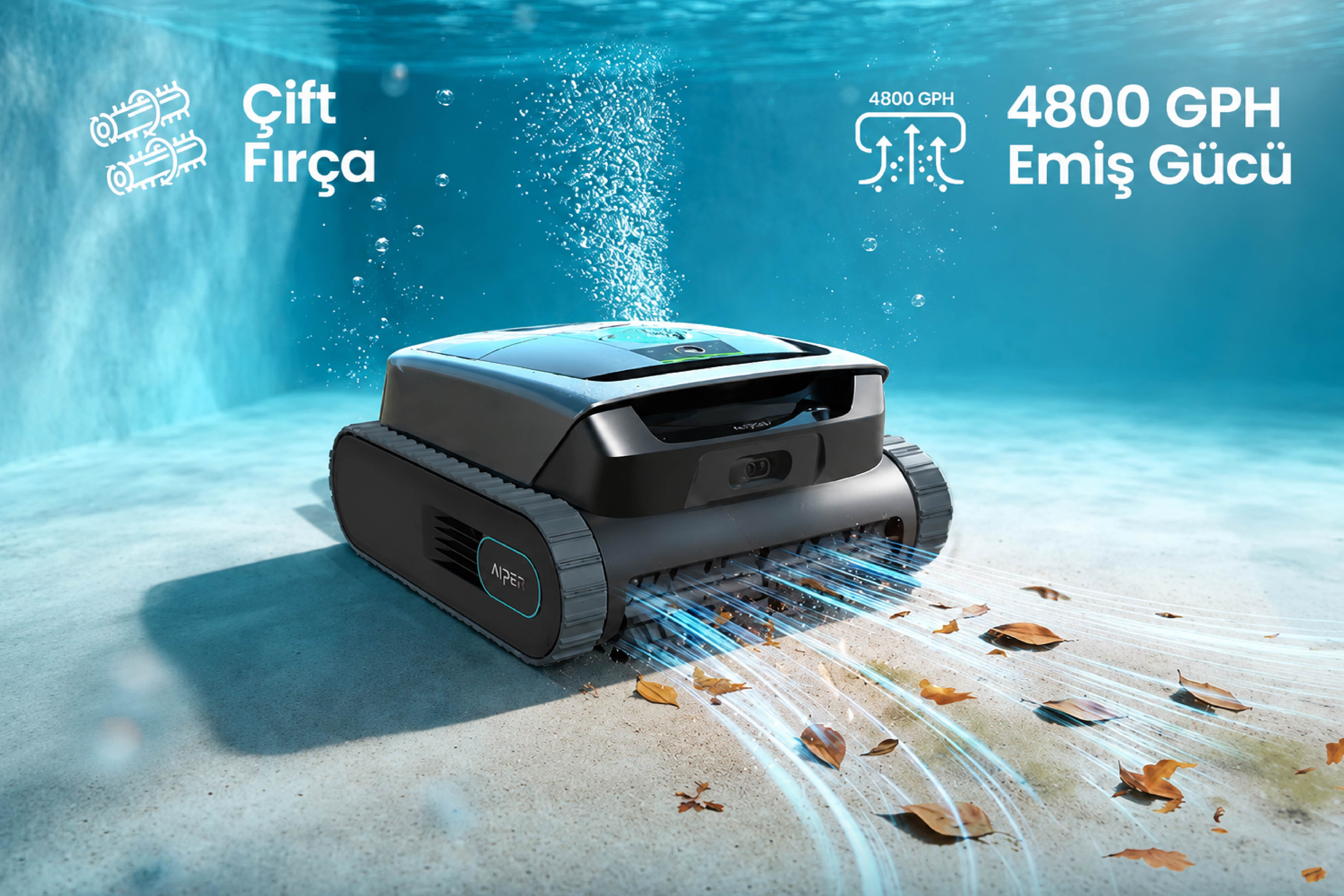 Aiper Scuba S3 4800 GPH emiş gücü ve çift fırçalı temizlik sistemi