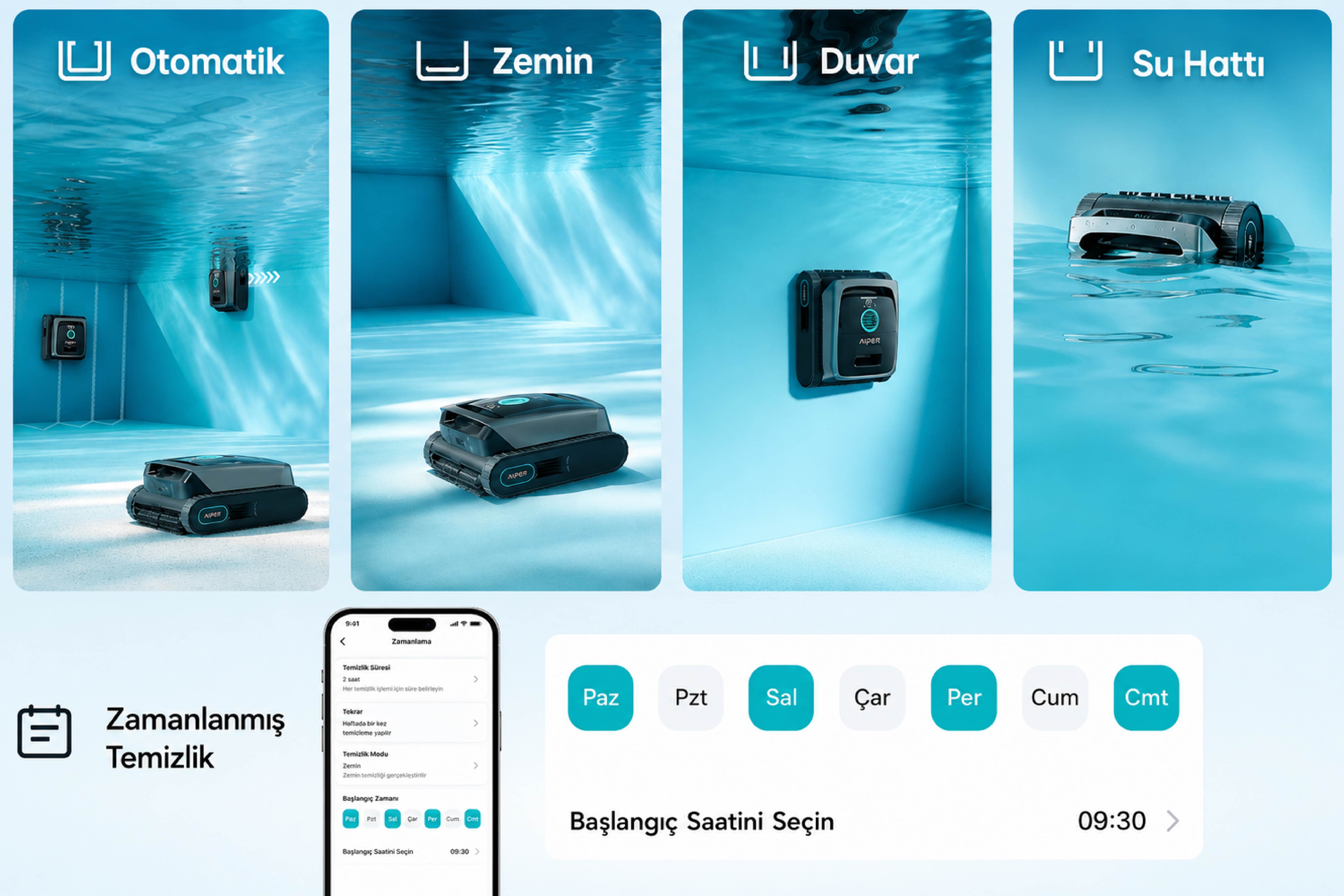 Aiper Scuba S3 zamanlanmış temizlik ve 5 farklı temizlik modu