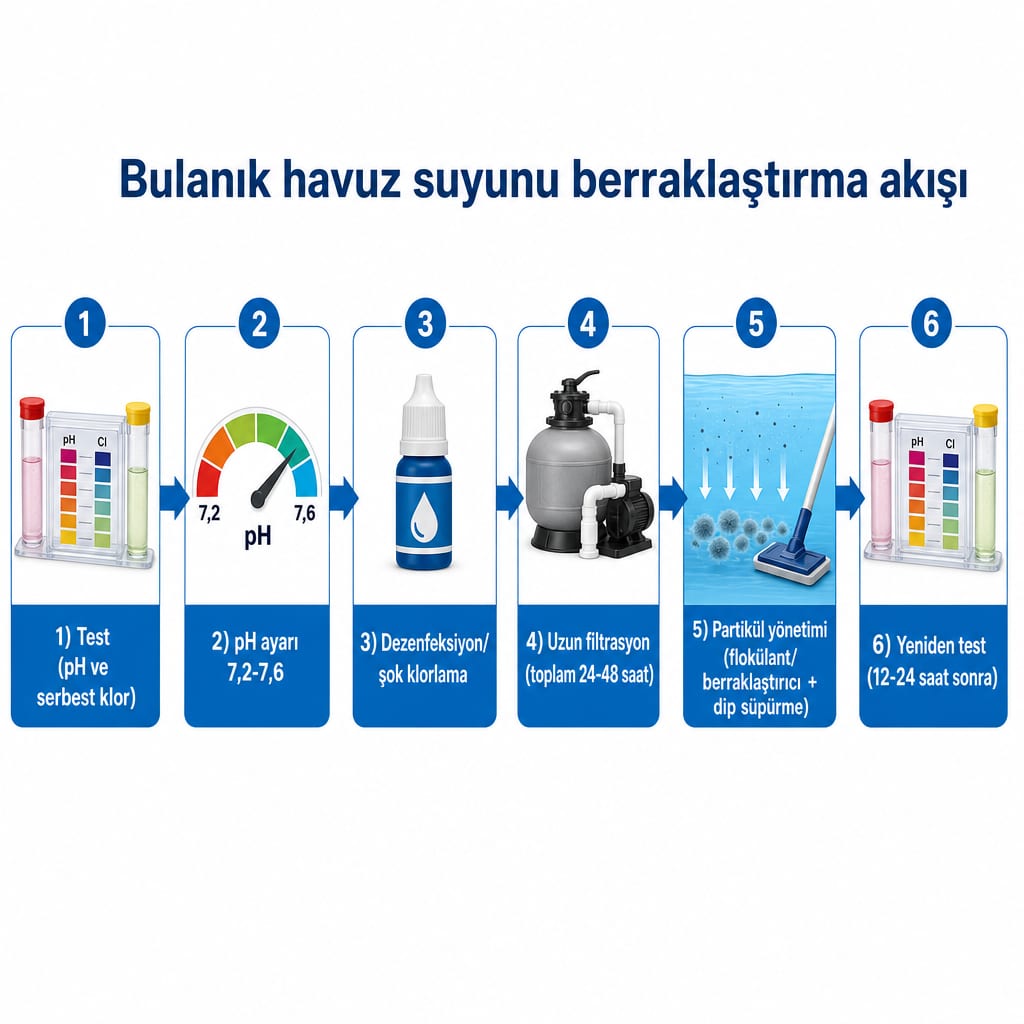 Bulanık havuz suyunu berraklaştırmak için altı adımlı işlem akışı