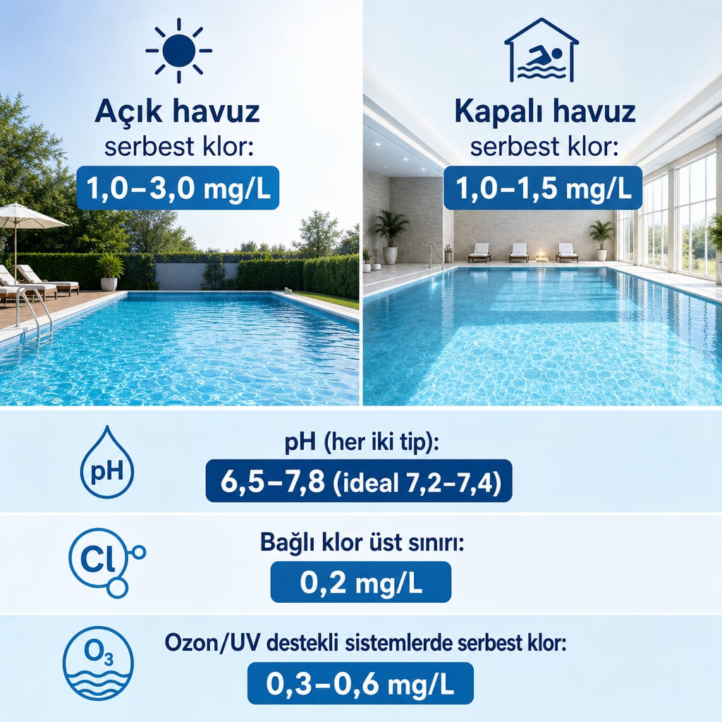 Açık ve kapalı havuzlar için serbest klor ve pH hedef aralıkları