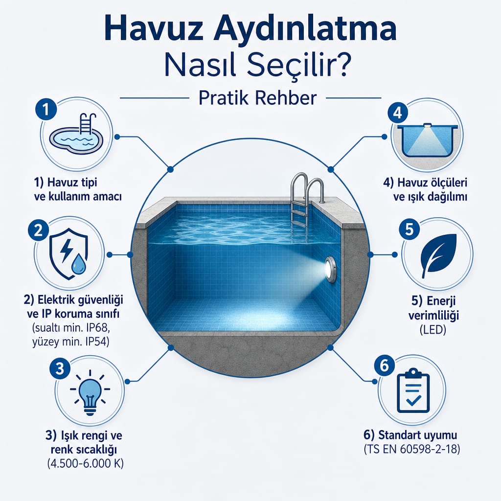 Havuz aydınlatma seçiminde altı temel kararı gösteren bilgi grafiği