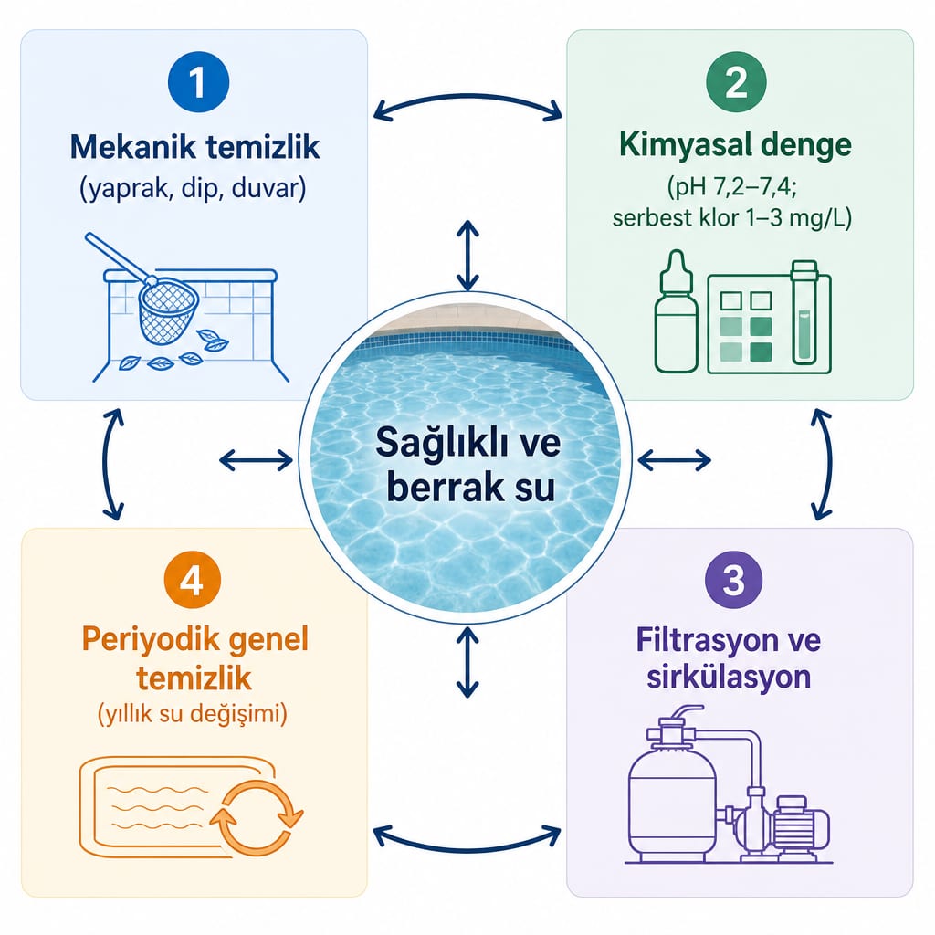 Havuz bakımının mekanik temizlik, kimyasal denge, filtrasyon ve periyodik temizlik olmak üzere dört bileşenini gösteren şema