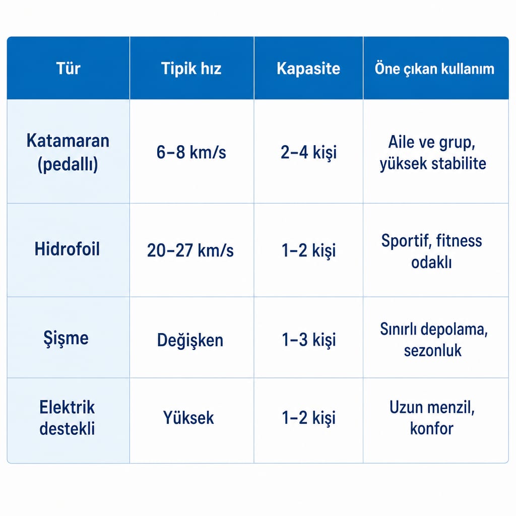 Katamaran hidrofoil şişme ve elektrik destekli su bisikleti karşılaştırması