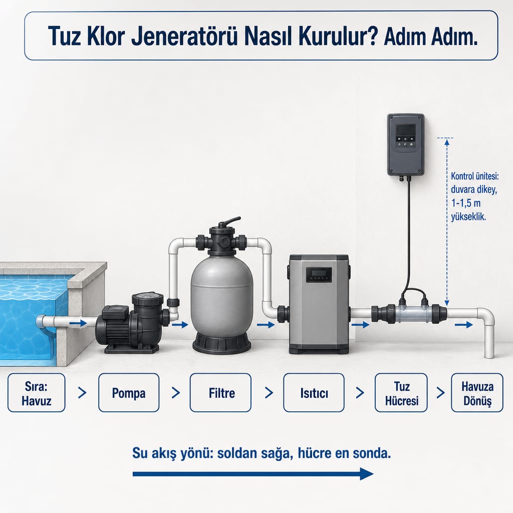 Pompa, filtre ve ısıtıcıdan sonra dönüş hattının en sonunda konumlanan tuz hücresi ve duvara asılı kontrol ünitesini gösteren şema