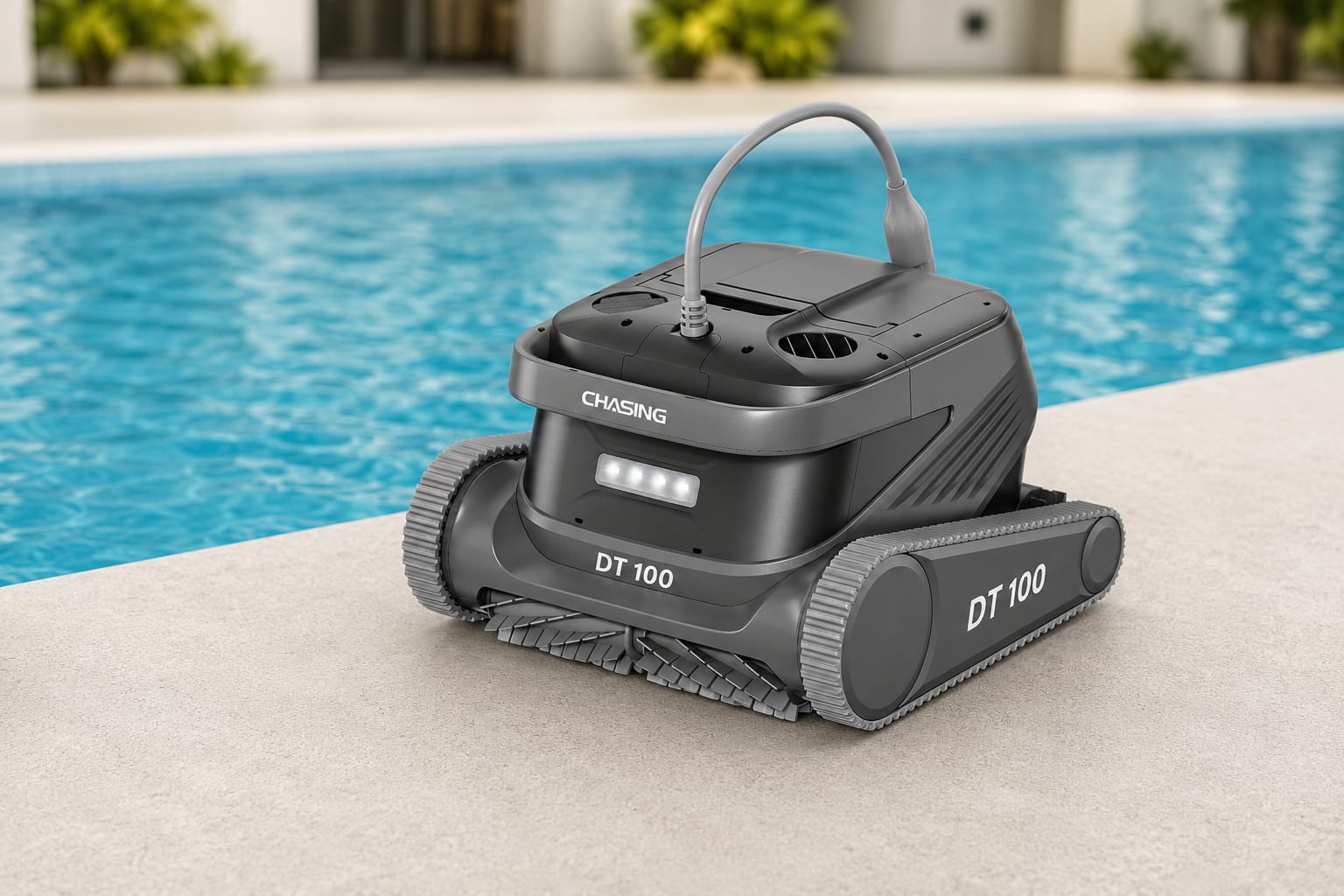 DT 100 yarı olimpik havuz temizleme robotu, gri gövdeli ve tırtıllı paletli