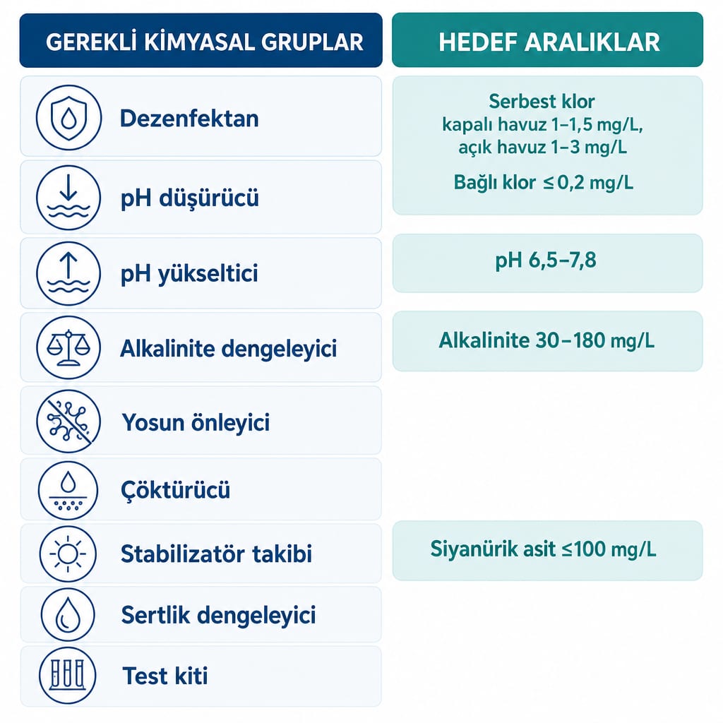 Havuz kimyasalları kontrol listesi ve yönetmelikte belirtilen sınır değerleri gösteren infografik