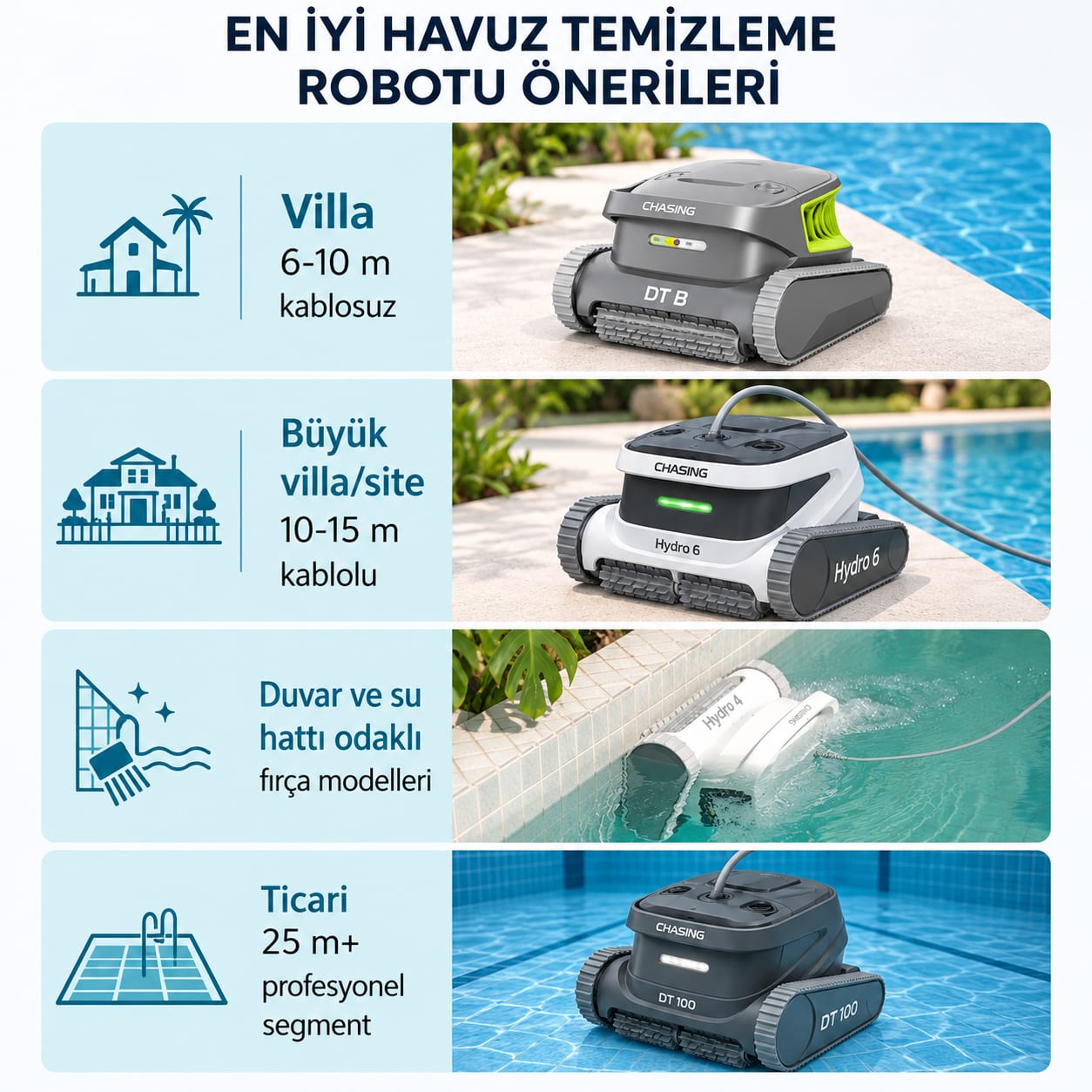 Havuz boyutuna ve tipine göre kablosuz, kablolu ve profesyonel robot segmentlerini eşleştiren karşılaştırma görseli