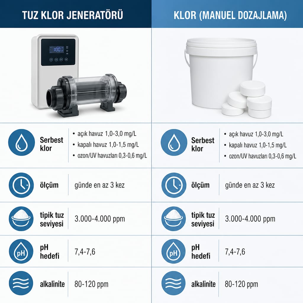 Tuz klor jeneratörü ile geleneksel klor dozajını kriterlere göre karşılaştıran infografik