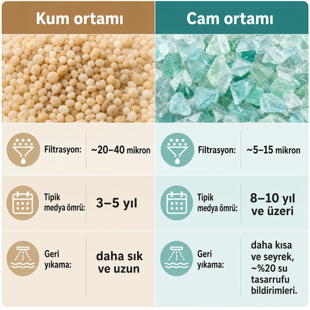 Kum ve cam filtre ortamını filtrasyon, ömür ve geri yıkama açısından karşılaştıran iki sütunlu görsel.