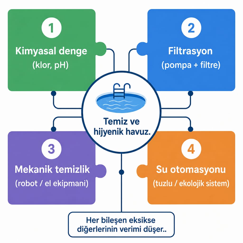 Havuz bakımının kimyasal, filtrasyon, mekanik temizlik ve otomasyon bileşenlerini merkeze bağlayan diyagram
