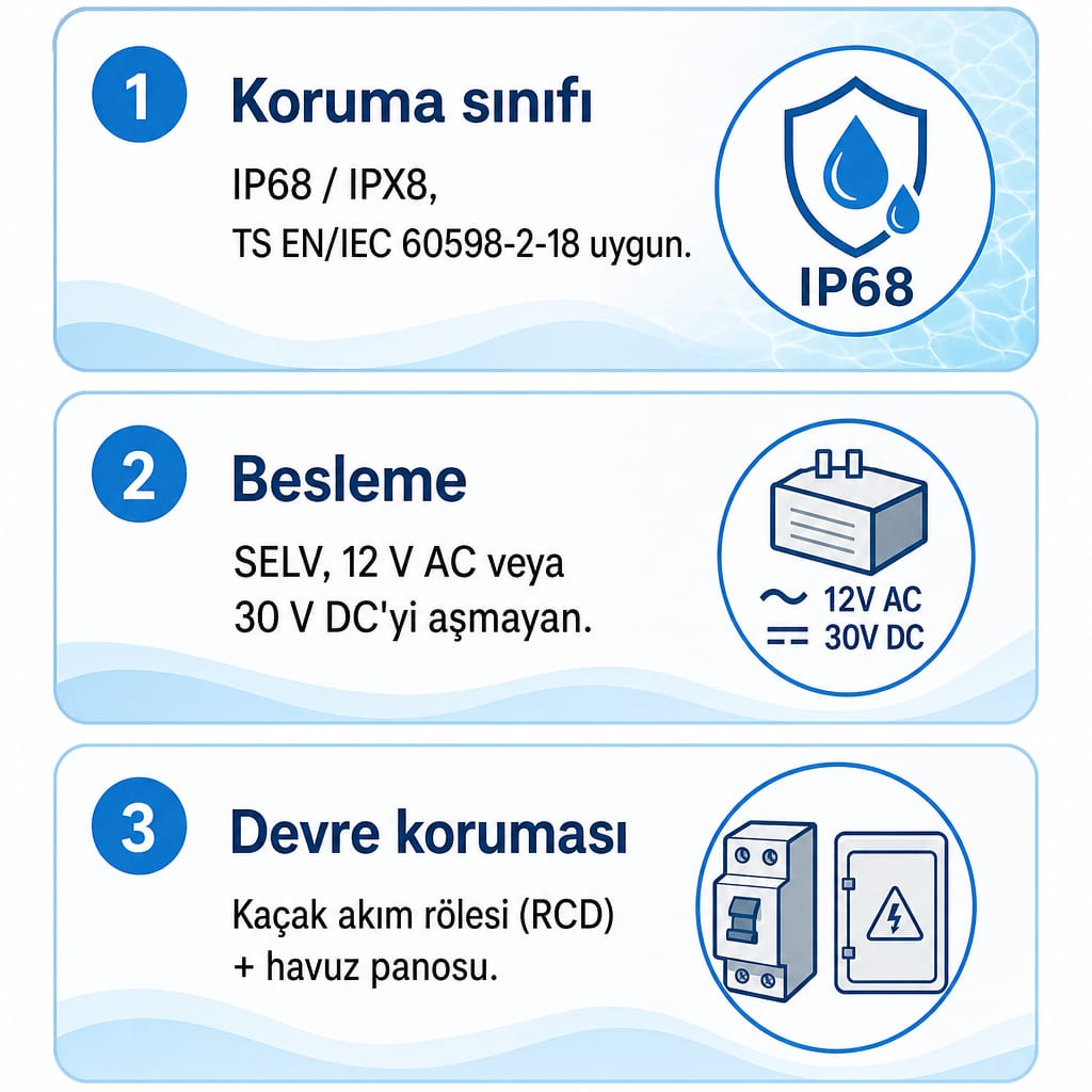 Havuz içi LED aydınlatmada koruma sınıfı, SELV besleme ve kaçak akım rölesi koşulları
