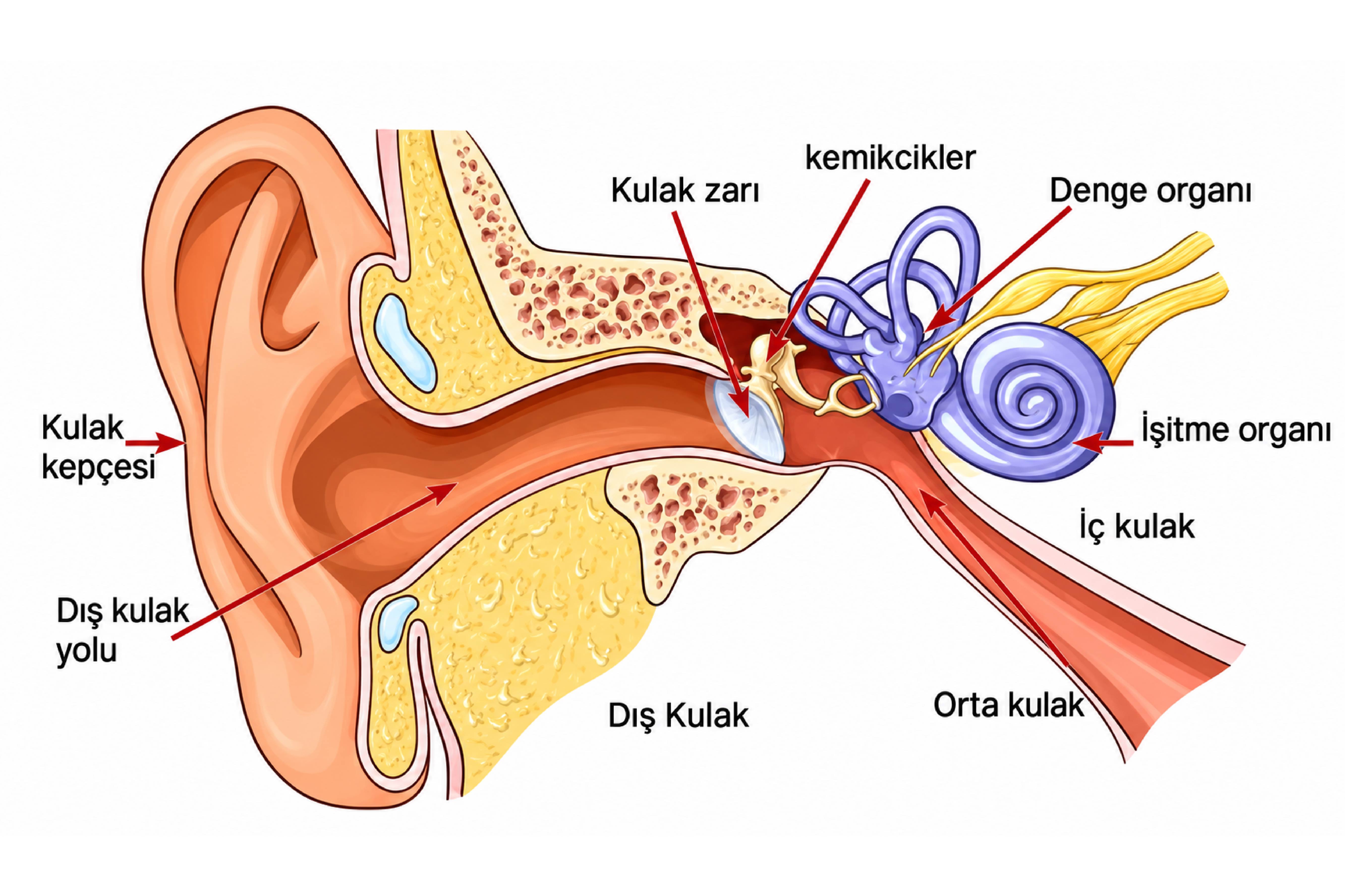 Dış kulak, orta kulak, iç kulak ve kulak zarının anatomik yapısını gösteren çizim