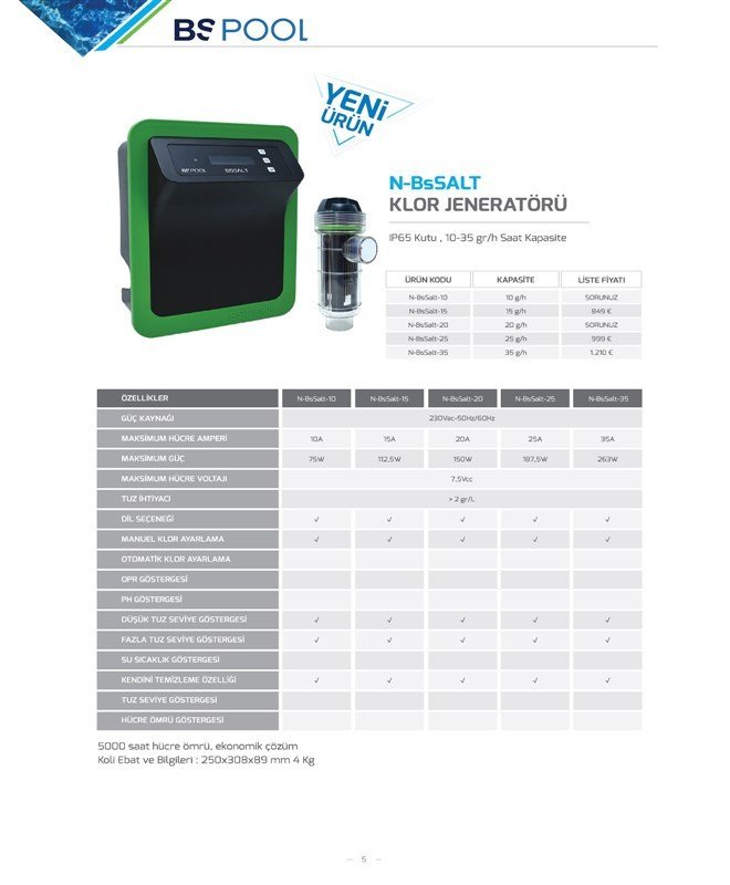 N Bs Salt Tuz Klor Jeneratörü 35 g/h